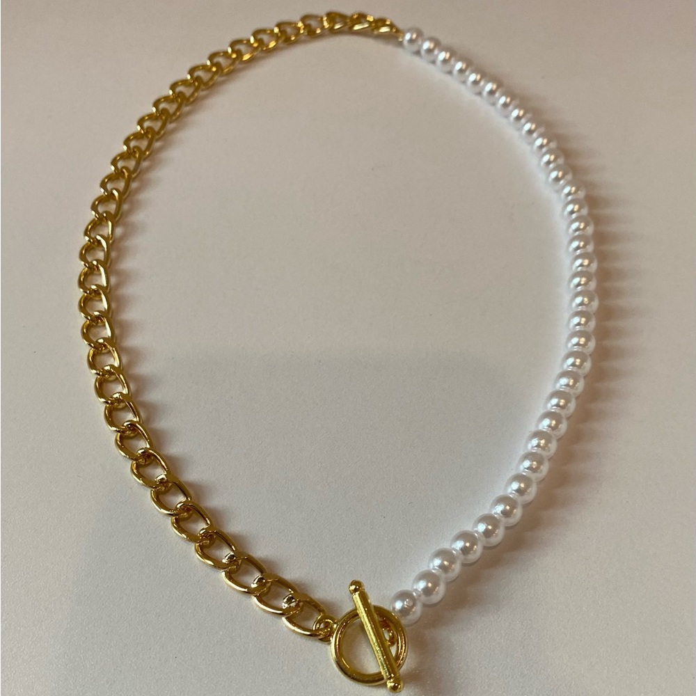 Half Pearl Half Gold Necklace with Toggle Clasp